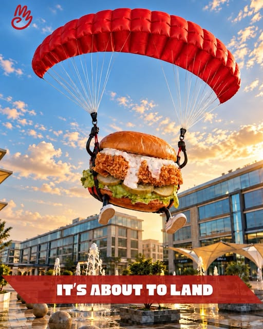 Four's burger with a red parachute